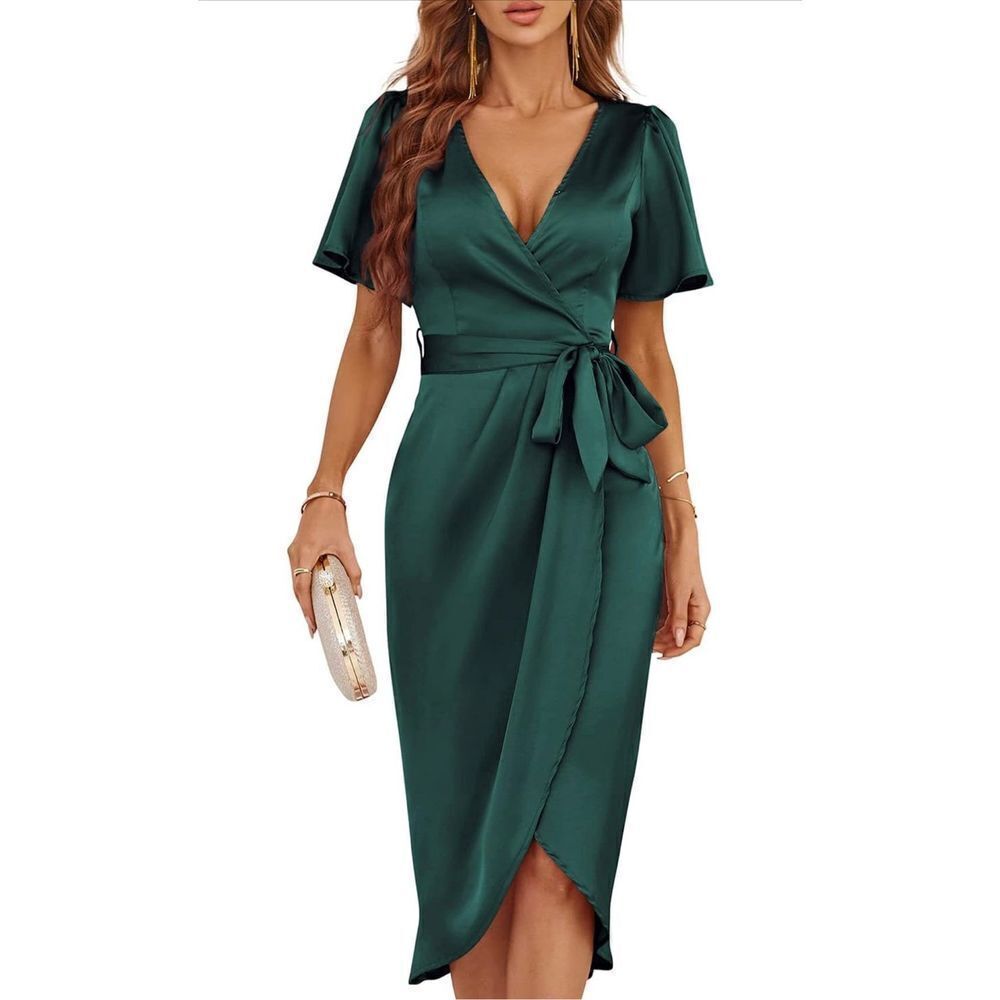 NEW Satin Cocktail Midi Dress Ruched Slit Wedding L NO BELT - Picture 1 of 6